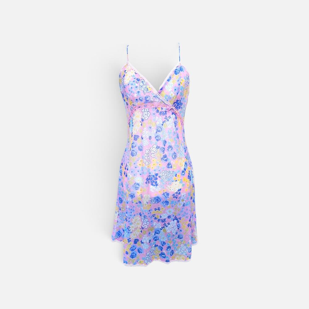 Y2K Euro Slip Dress Summer Pastel Floral Lace Trim Babydoll Coquette - Small